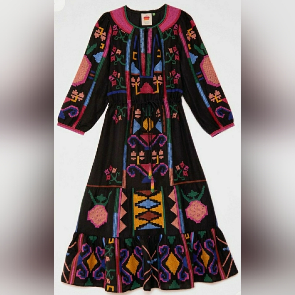 Farm Rio Black Cross Stitch Midi Dress Black Multi